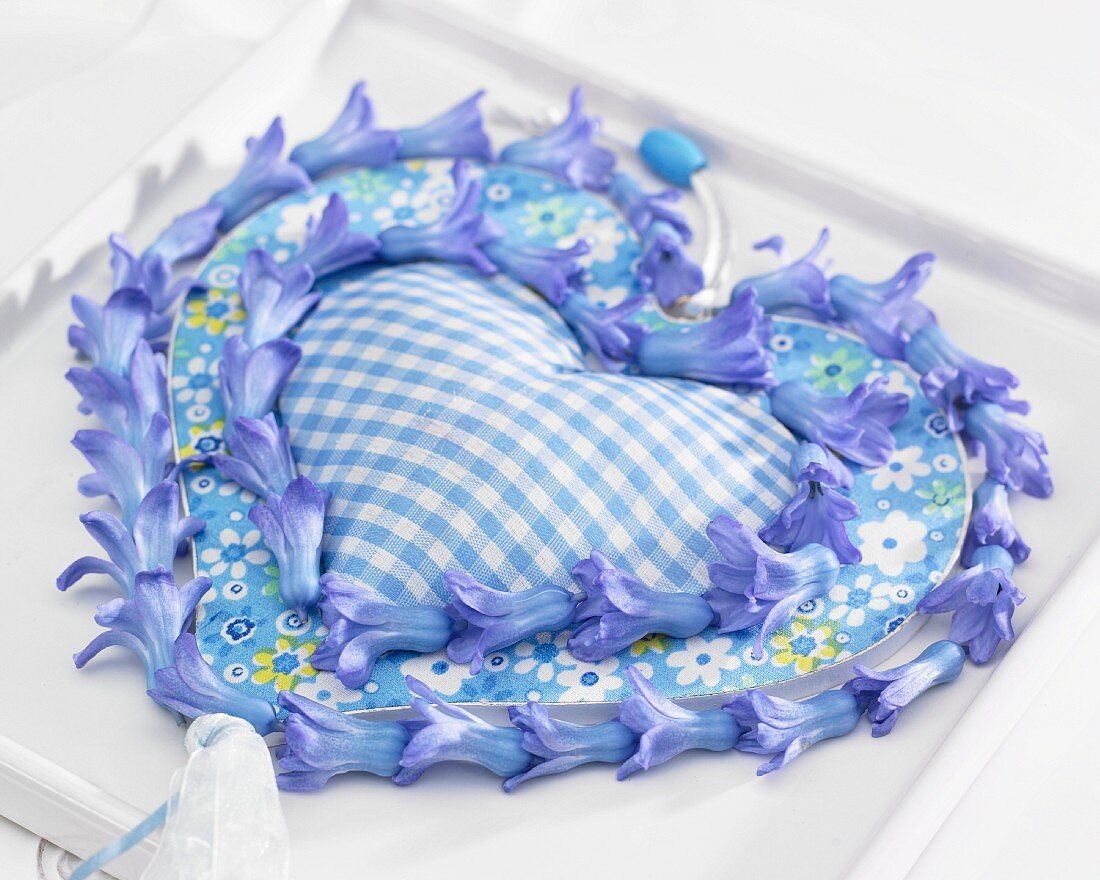 Blue fabric heart with hyacinth florets
