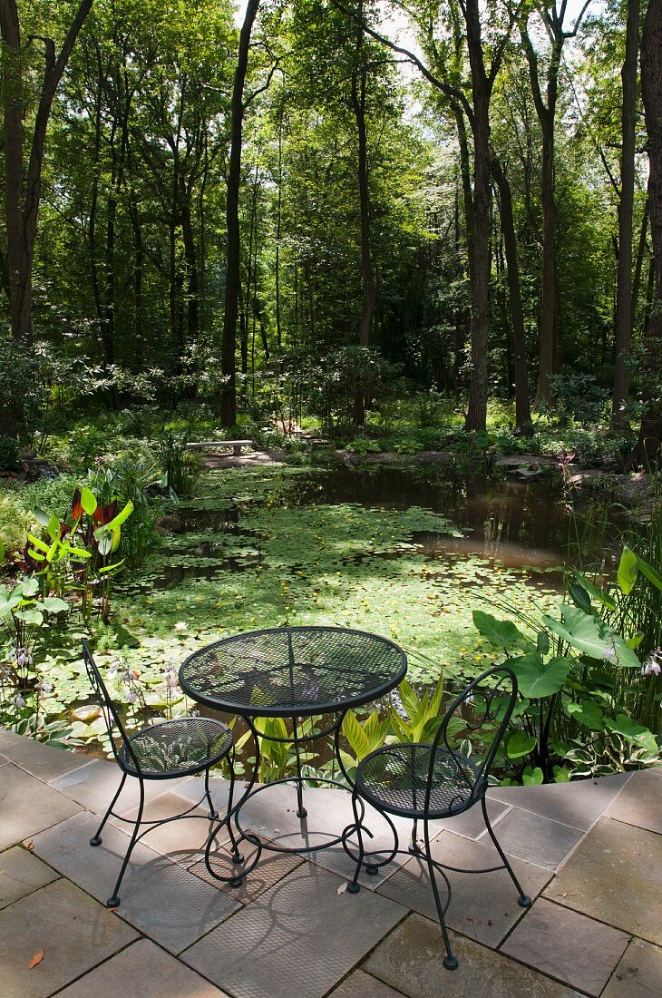 Wire mesh garden table and chairs on stone-flagged terrace with view of pond in woodland garden