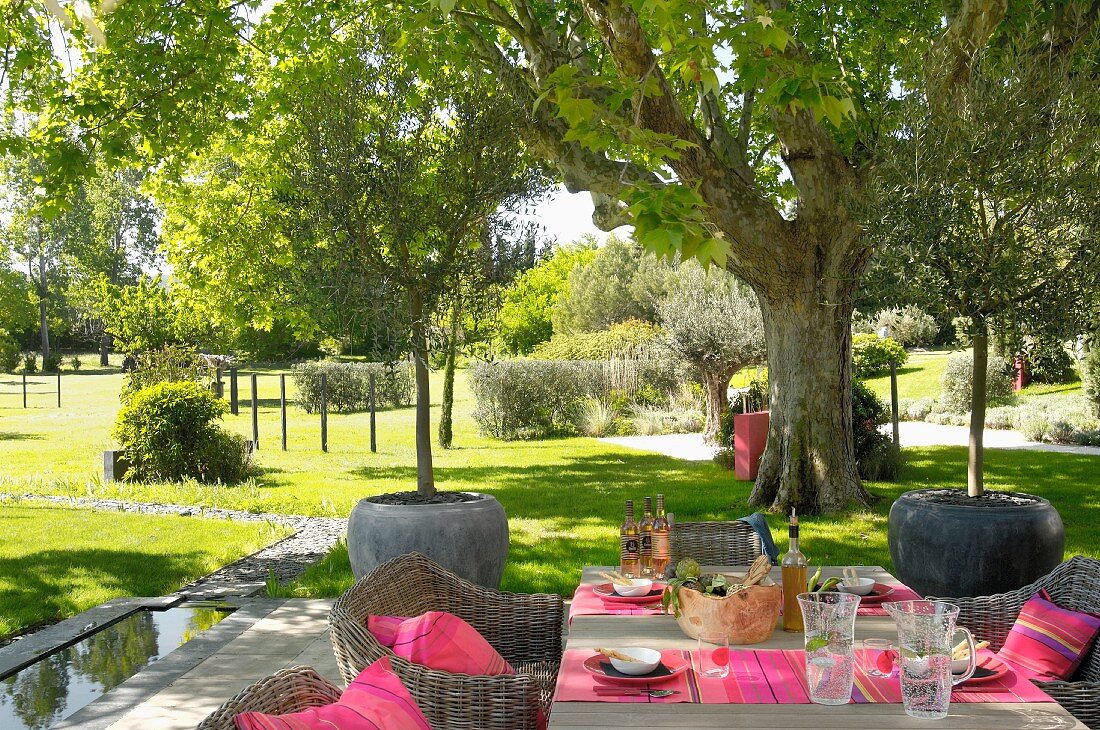Gedeckter Tisch mit Korbsesseln auf einer Terrasse mit Blick in mediterranen Park
