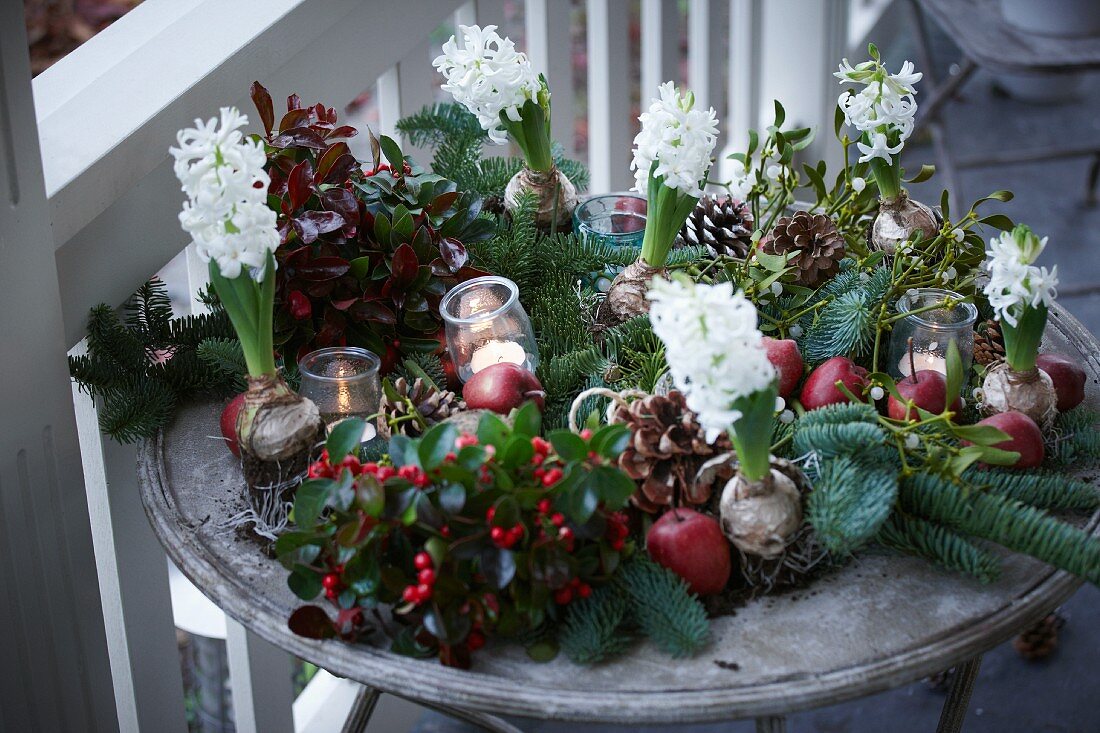 Christmas arrangement of fir branches, wintergreen, bay, apples, mistletoe, hyacinths, pine cones and tealight holders on terrace table