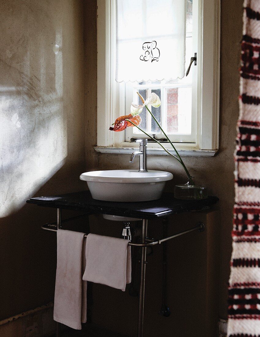 Vase mit Anthurien auf kleinen Waschtisch mit Metallgestell und weisser Waschschüssel vor Fenster in schlichtem Ambiente