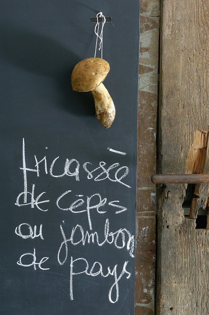 Handgeschriebene Speisekarte und frischer Steinpilz auf Schiefertafel in der Küche