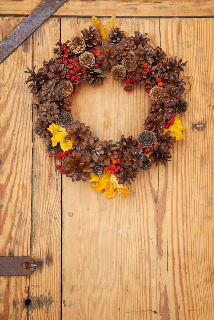 Herbstlicher Kranz mit Pinienzapfen, Vogelbeeren und Herbstblättern an einer Holztür