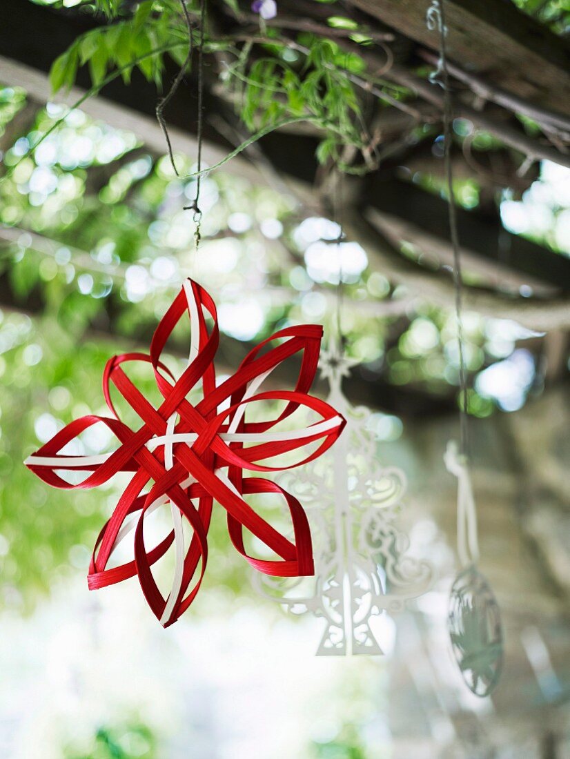 Red star on festively decorated tree