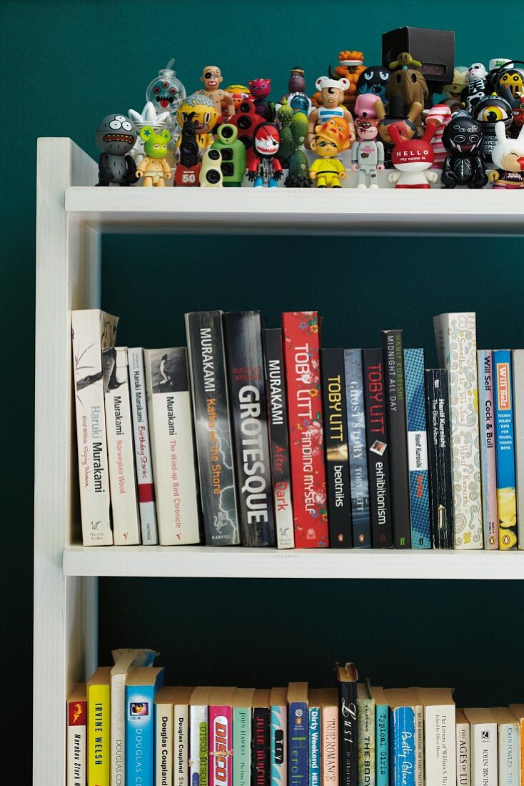 Collection of toys and books on shelving