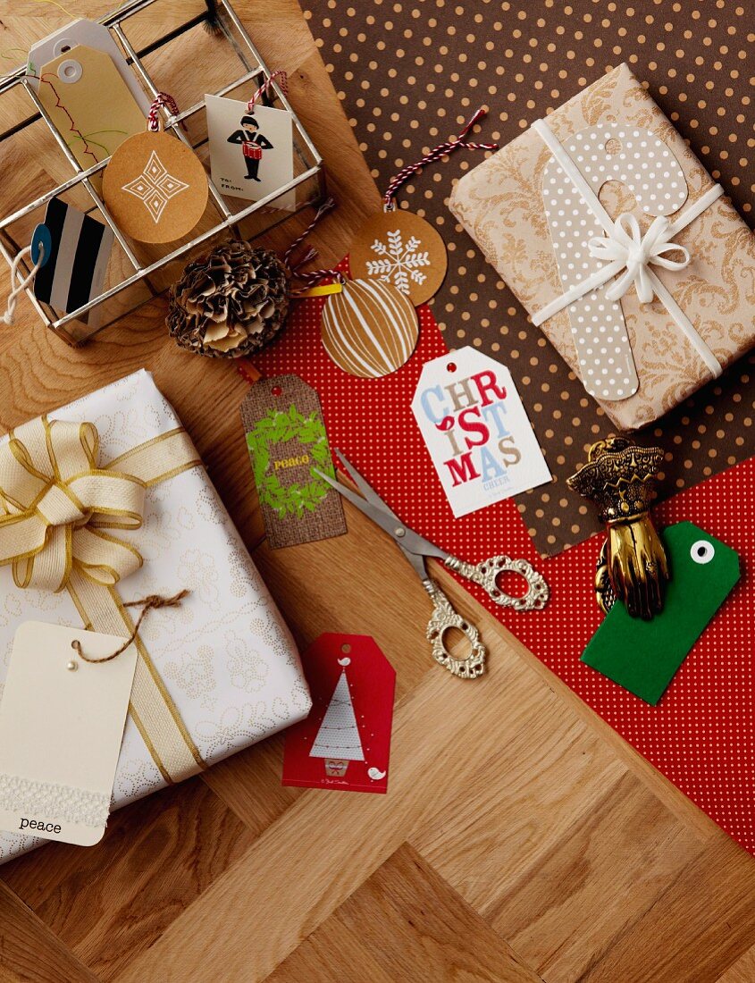 Various Christmas gift tags and presents