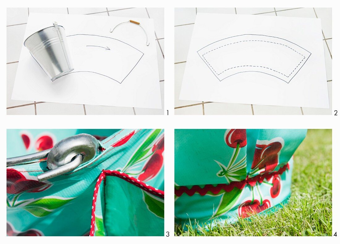 Craft instructions - a metal bucket on top of a drawing, and a section of a bag for holding garden tools, placed on the grass