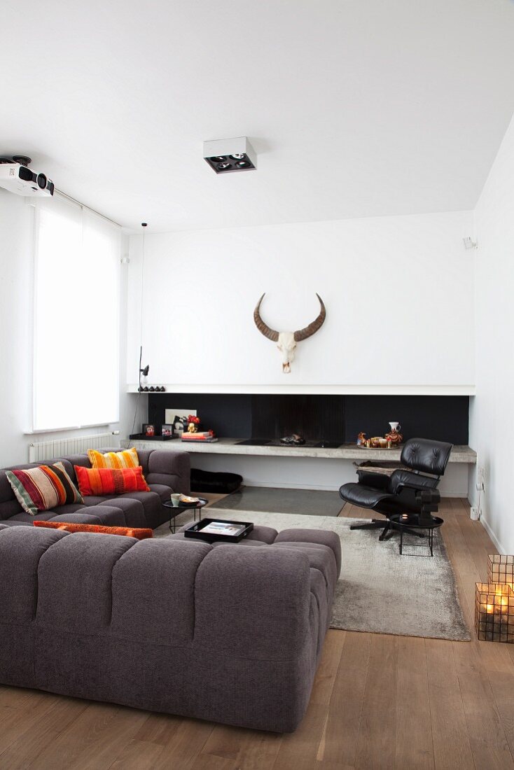 Comfortable corner sofa in front of fireplace below hunting trophy on wall of minimalist living room