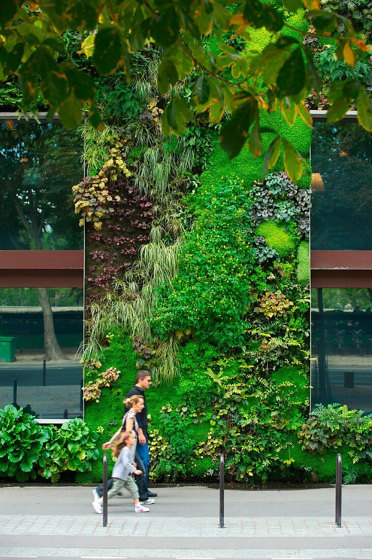 Kunstaktion - Famile auf Strasse vor Hotel Hauswand mit vertikalem Garten in Paris