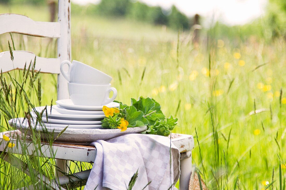 Gestapelte Teller und Tassen mit Blumen auf Holzstuhl in einer Frühlingswiese