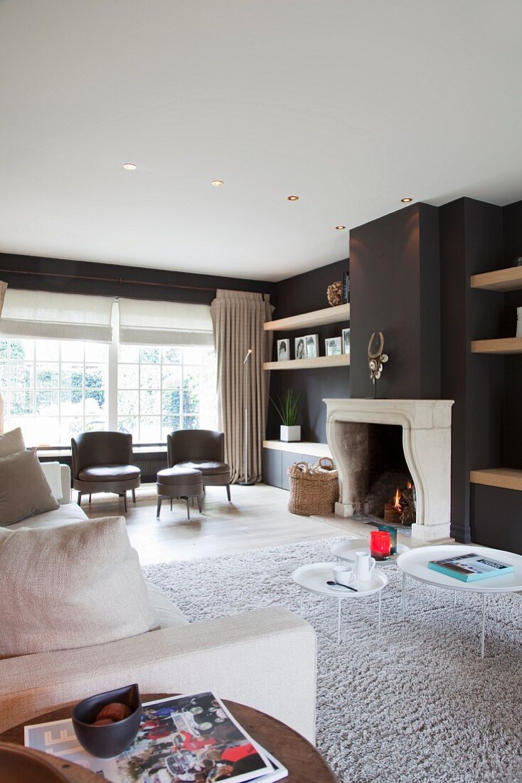 Spacious living room with sofa on white rug and elegant armchairs in front of window in traditional interior with open fireplace