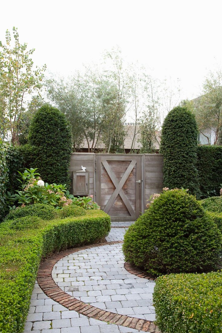 Topiary hedges and paved path in garden with wooden gate