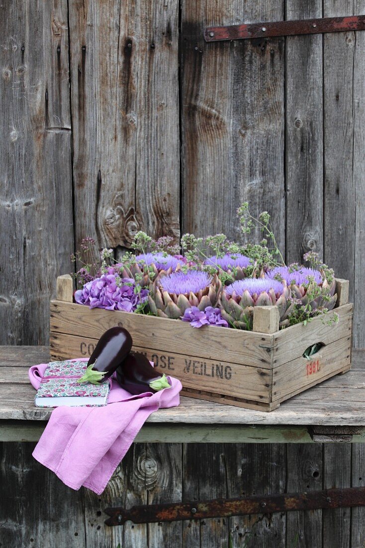 Vintage wooden crate of artichokes, hydrangeas and marjoram flowers behind aubergines on cloth
