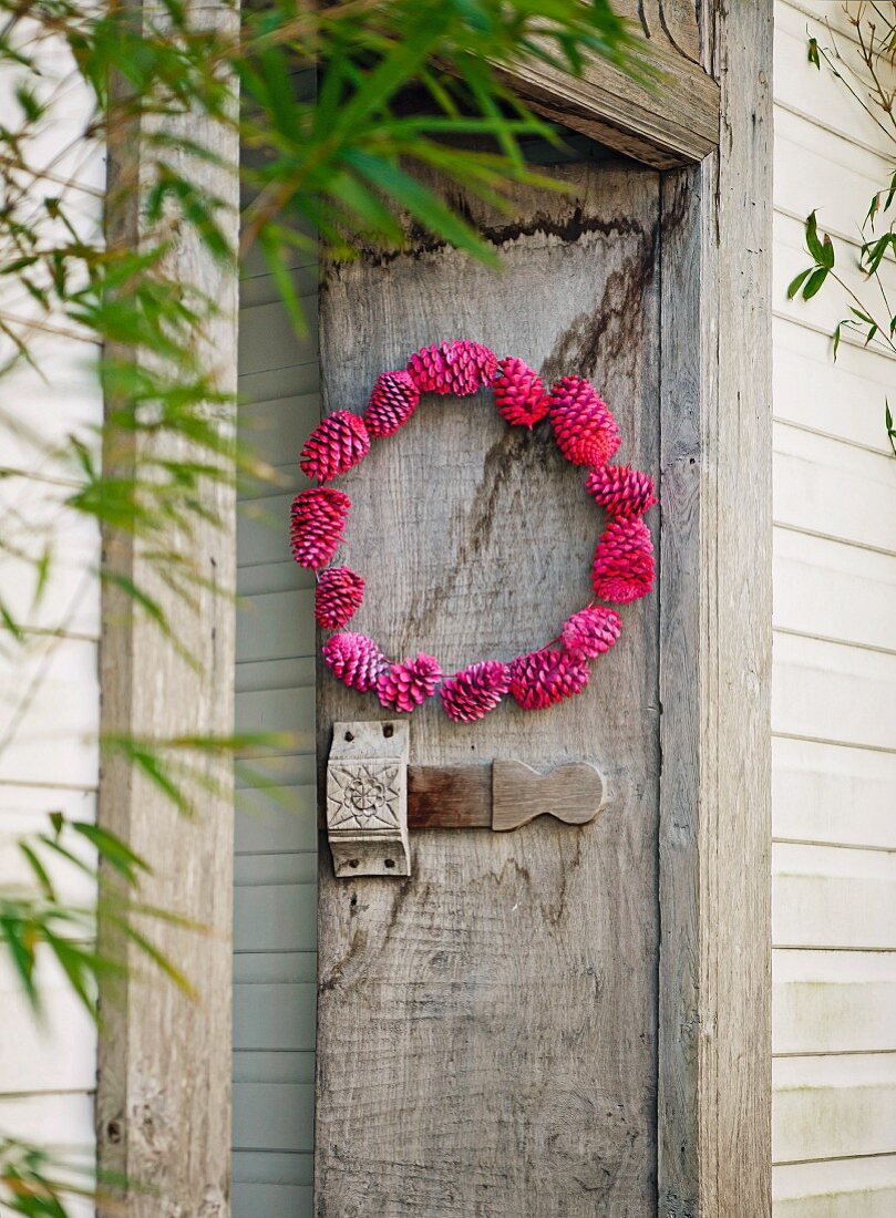 Wreath of deep pink pine cones on old wooden door