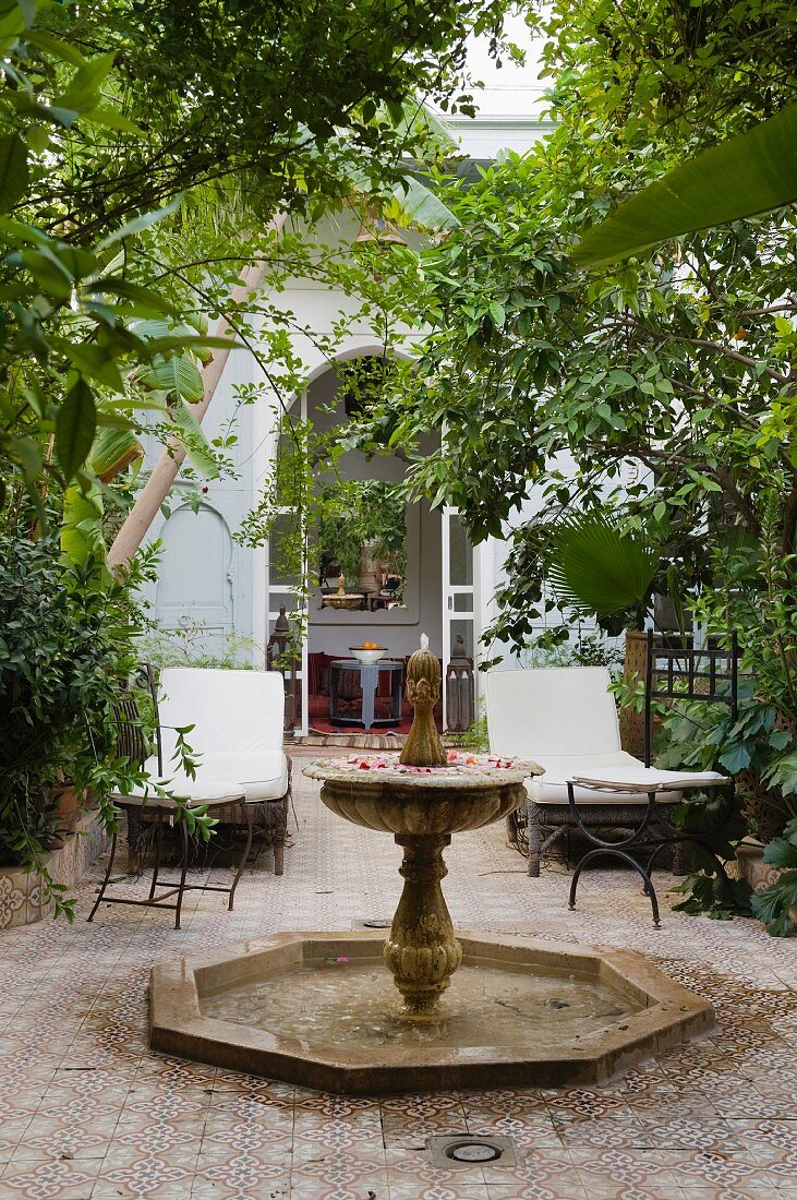 Planted courtyard of Moroccan house with stone fountain and sun loungers