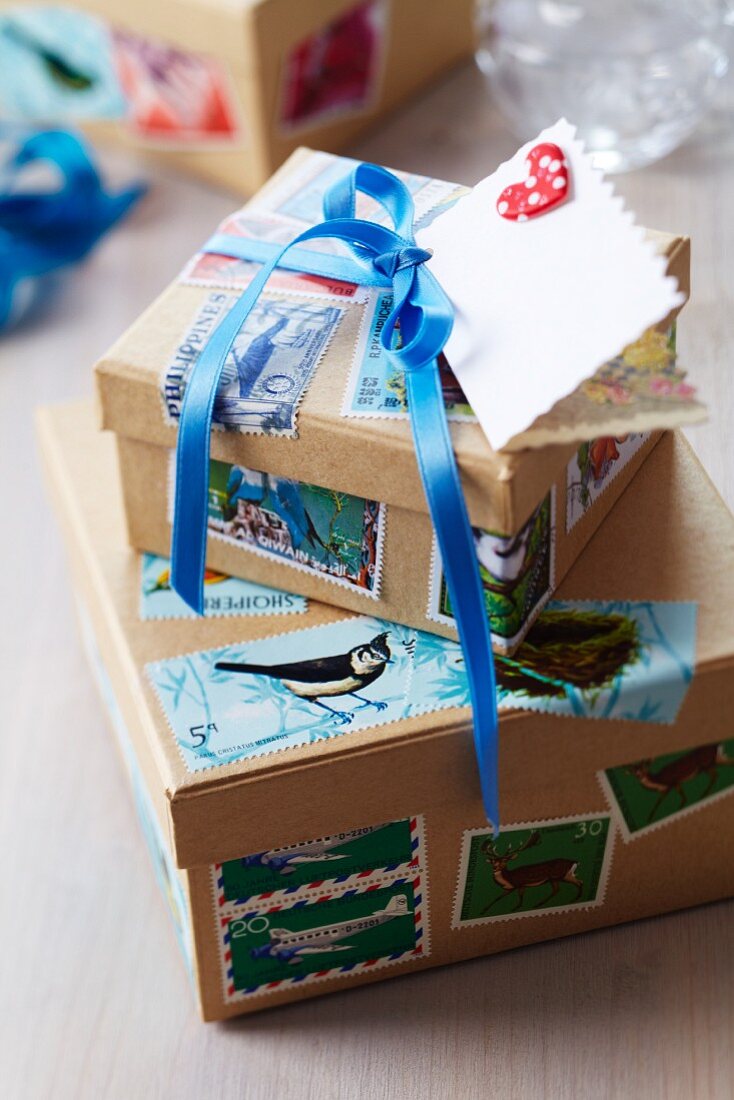Gift boxes decorated with postage stamps