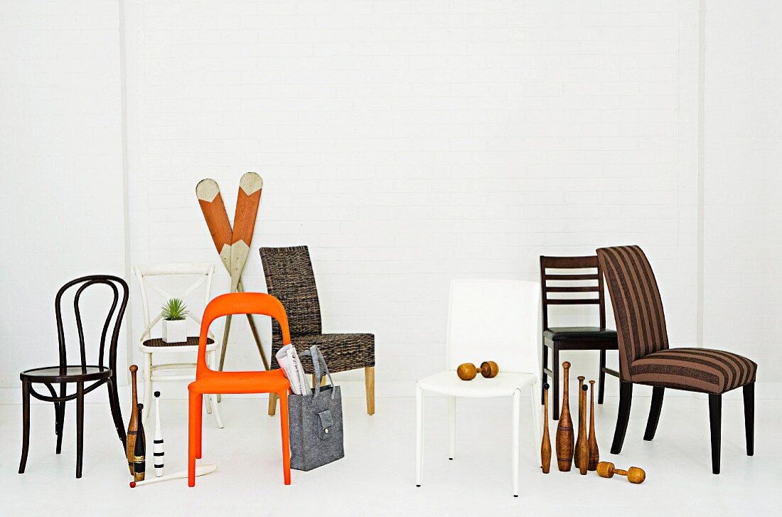 Various chairs and decorative objects