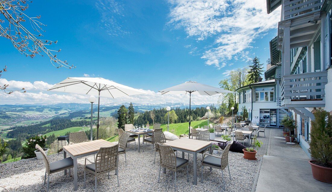 Sun terrace of Hotel Moosegg with view of Langnau im Emmental, Bern Canton, Switzerland