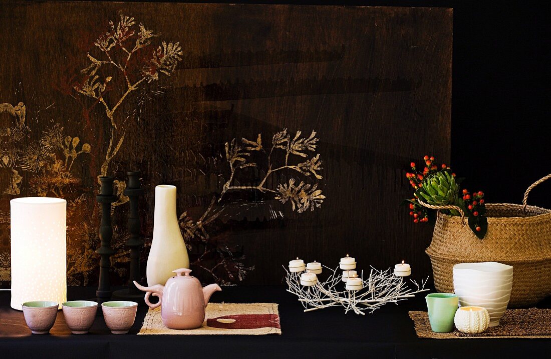 Organic ornaments: table lamp, tea service, candlesticks, basket, vases