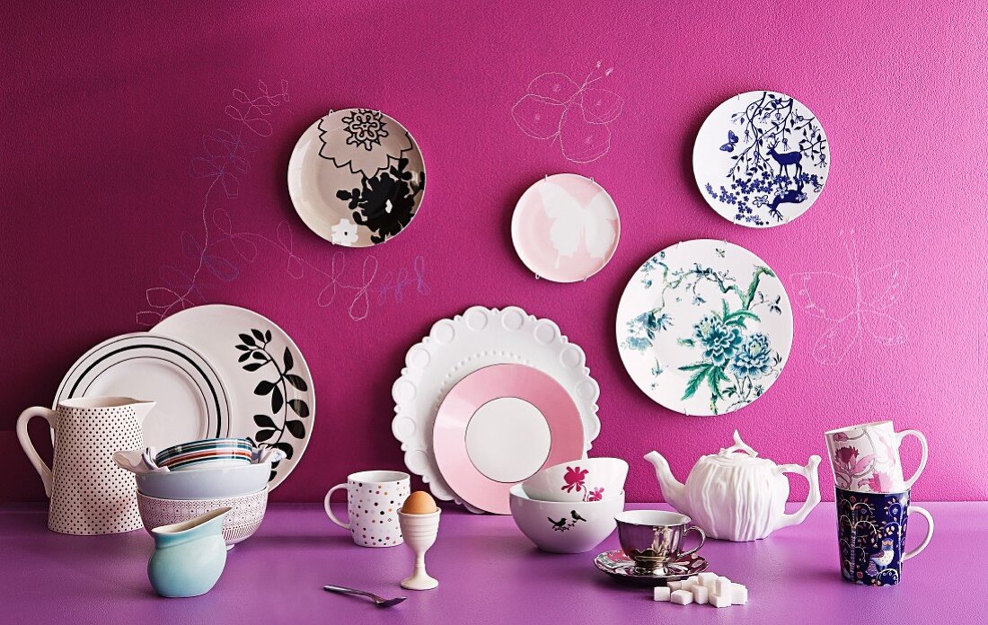 Various plates, cups, teapot, eggcups, saucers and jugs