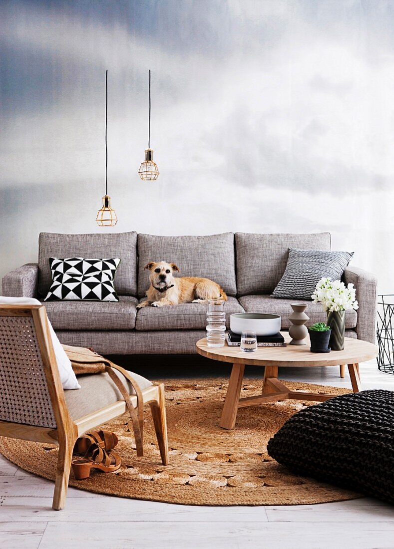 Couchtisch und Sessel auf rundem Sisalteppich vor hellgrauem Sofa mit Hund