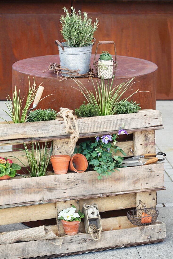 Plant stand made from wooden pallet leaning against cylindrical corten steel table element