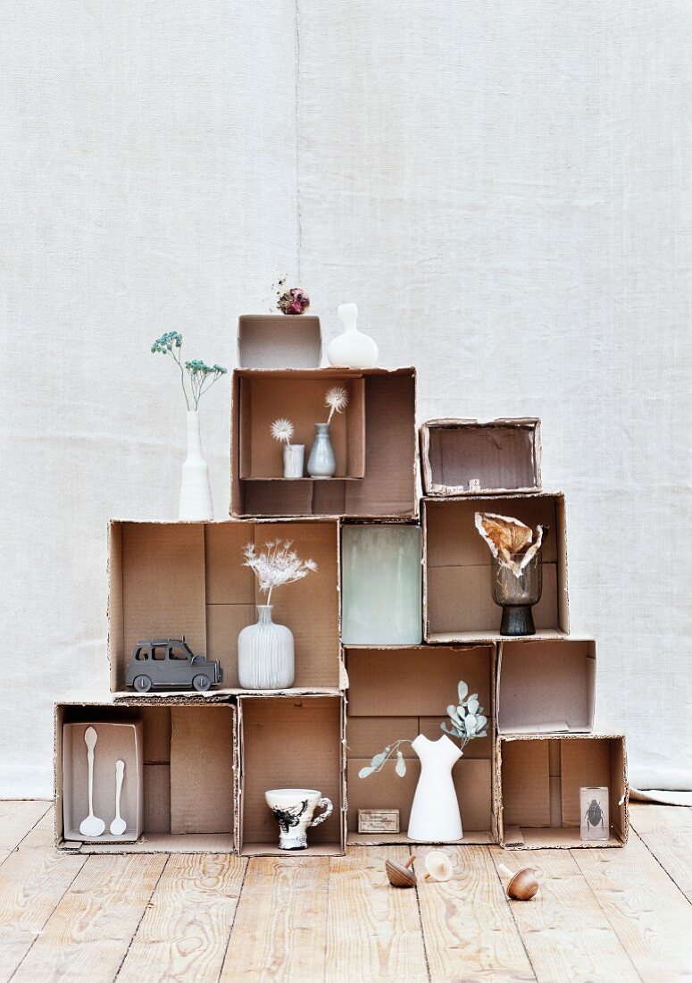 Shelving system made from cardboard boxes holding various painted plants and leaves