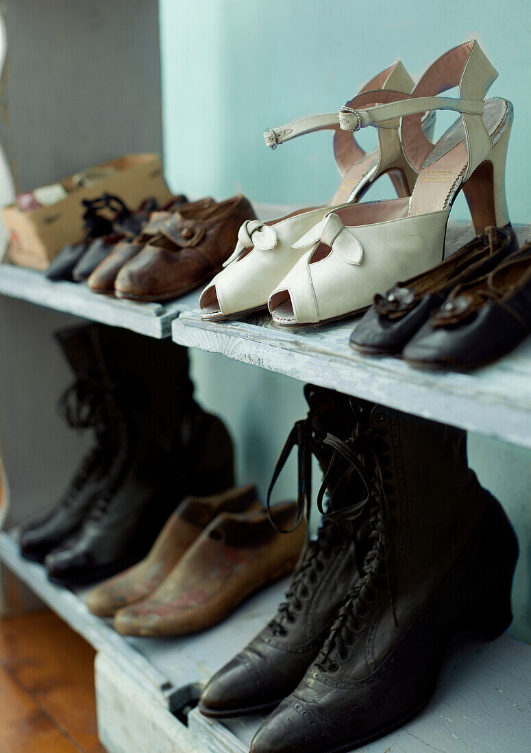 Selection of vintage ladies' shoes on wooden shelf in front of pastel green wall