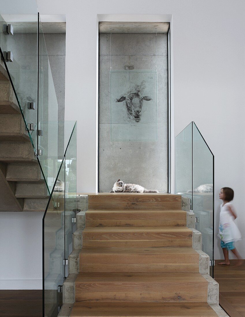 Steintreppe mit läuferartigem Holzbelag und Glas Brüstungsgeländer, Tierzeichnung an Glasscheibe, im Hintergrund kleines Mädchen