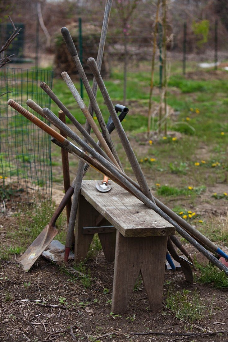 Garden Tools Resting on a Bench; Outdoors