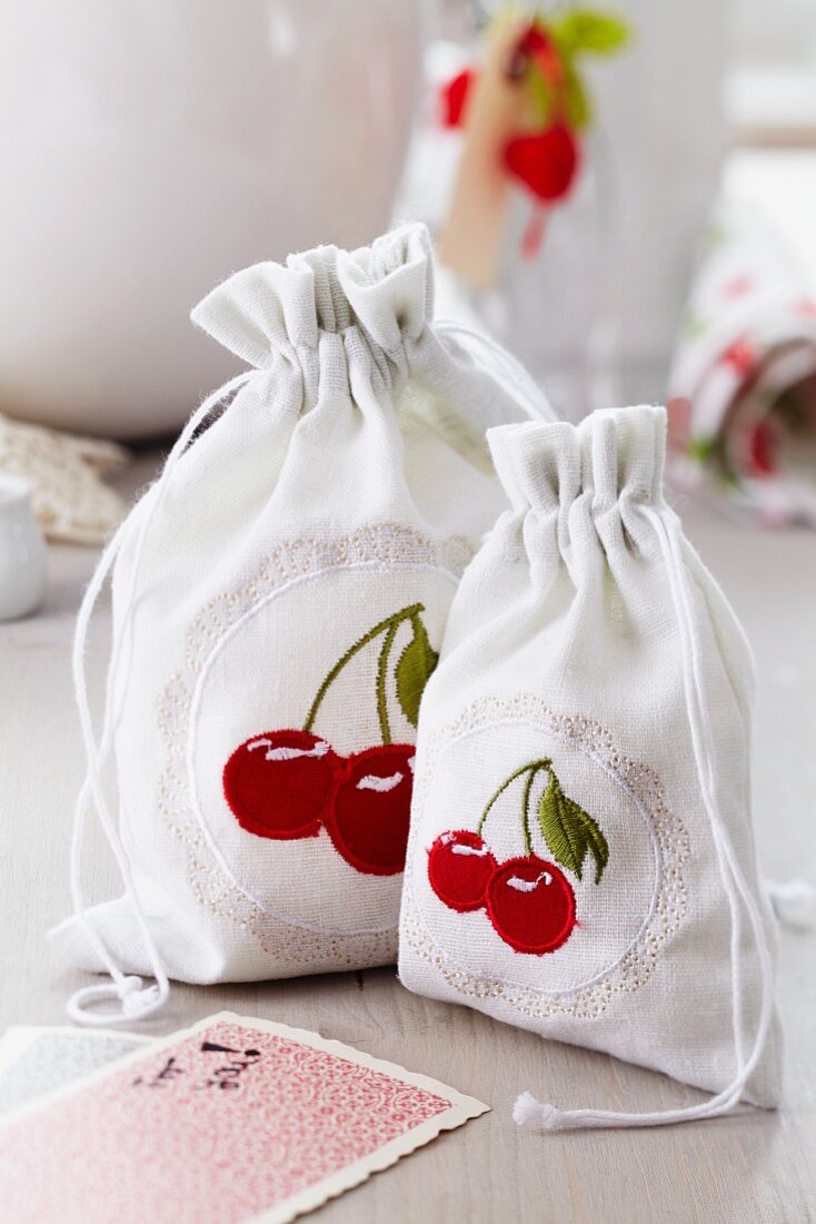 Gift bags embroidered with cherries