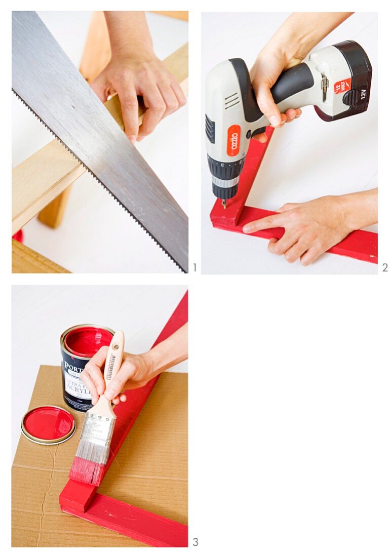 Herstellung eines roten Holzrahmens mit Säge, Akkuschrauber und Pinsel von Frauenhänden durchgeführt
