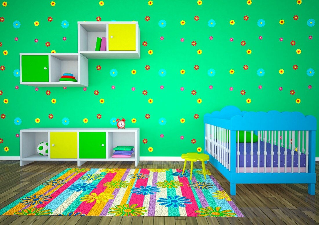 Nursery with green wall, small cabinets, colourful rug and blue cot