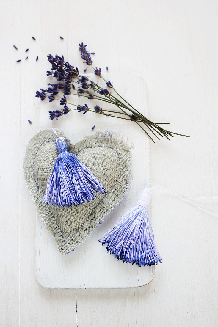 Hand-dyed tassels on fabric heart and lavender flowers
