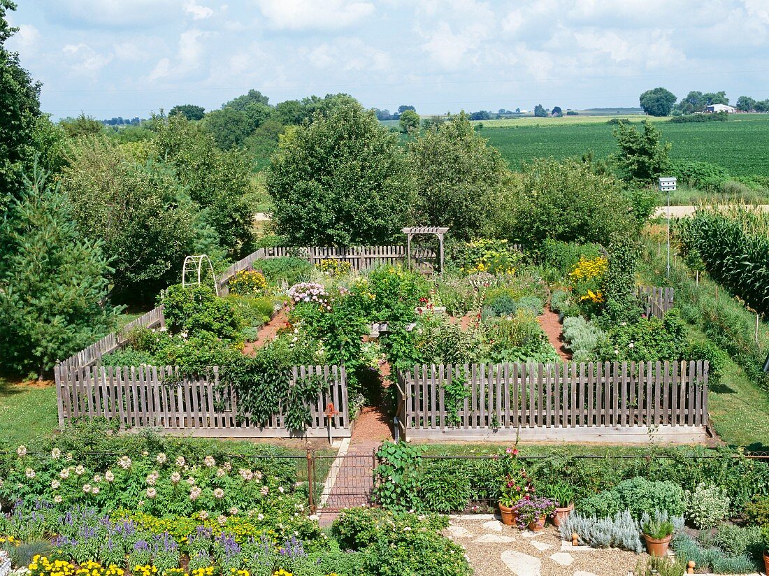 Traditional fenced in country garden
