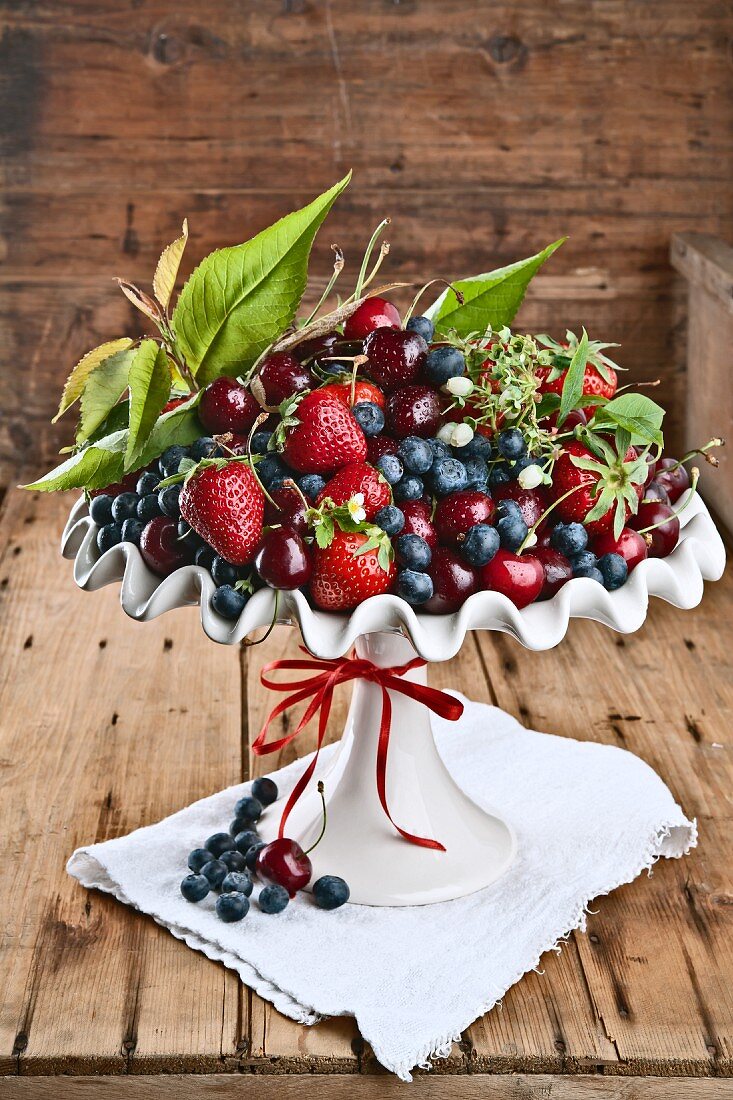 Dish of berries on wooden table