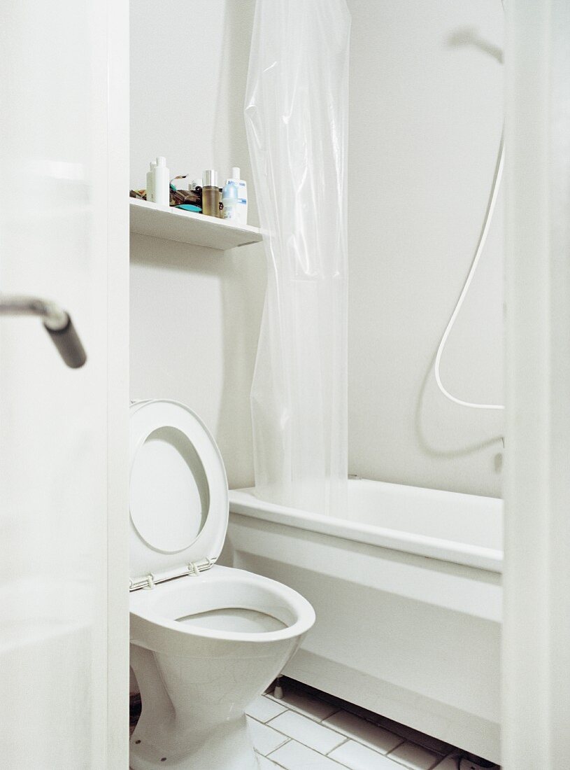 View into simple, white bathroom with translucent, plastic shower curtain in bathtub and raised toilet lid