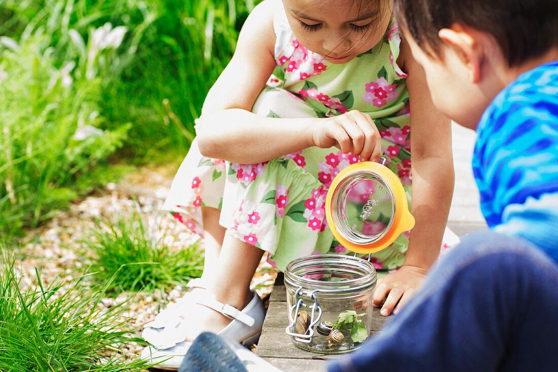 Girl and boy in garden watching jar of snails