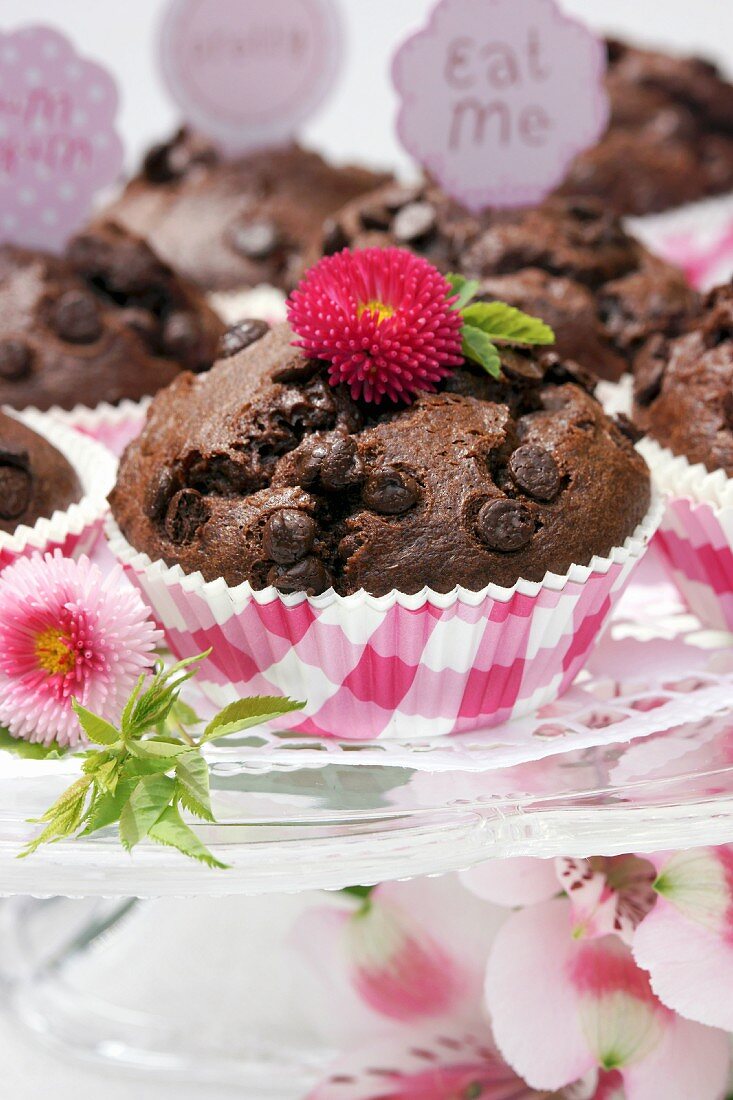Schokoladenmuffins auf einer Glasetagere mit Blütendeko