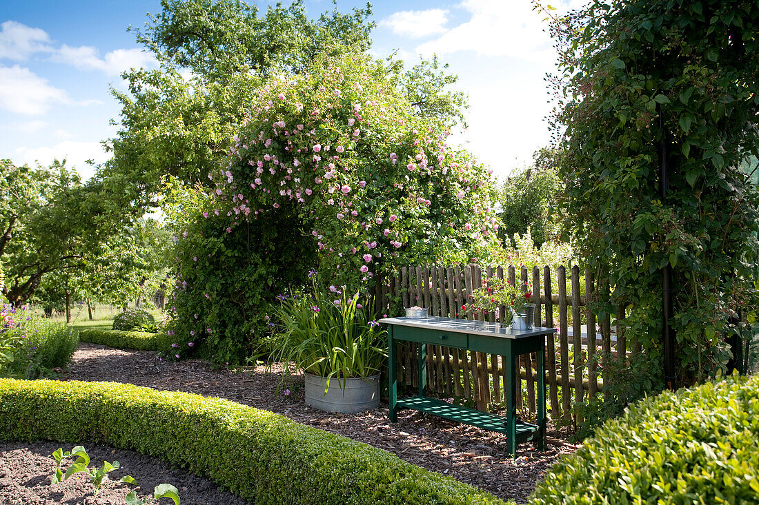 Rustic, green-painted table against garden fence and partially visible topiary hedges in summery garden