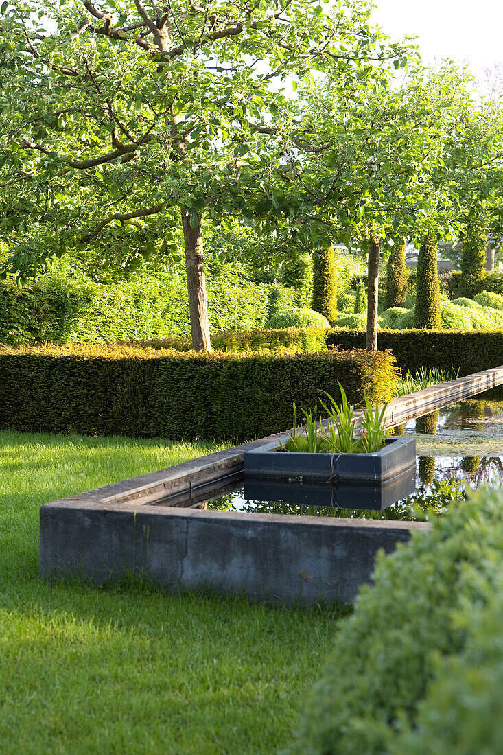 Geometrisch angelegte Hecken mit Bäumen, Rasenfläche und betoniertem Wasserlauf bilden gepflegte Gartenarchitektur
