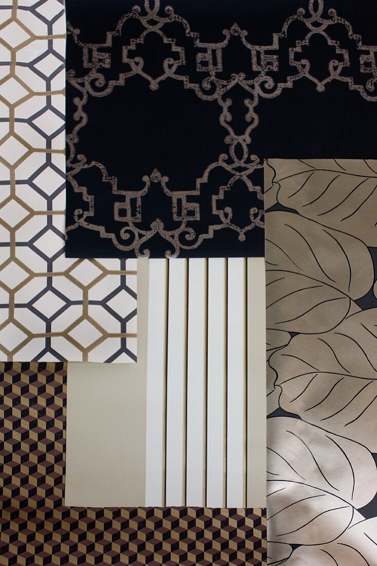 Wallpaper samples in monochrome, black and white patterns