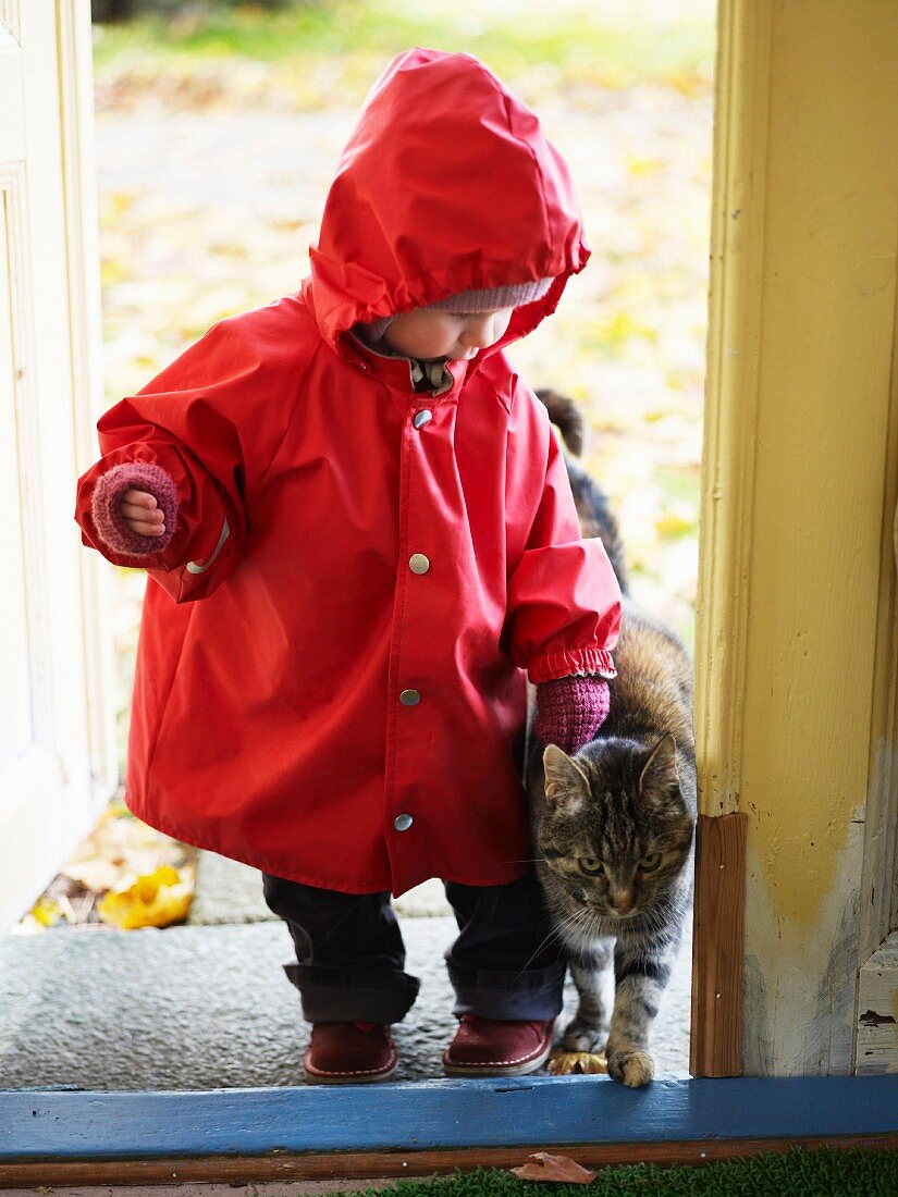 Kleinkind im Regencape & Katze kommen ins Haus