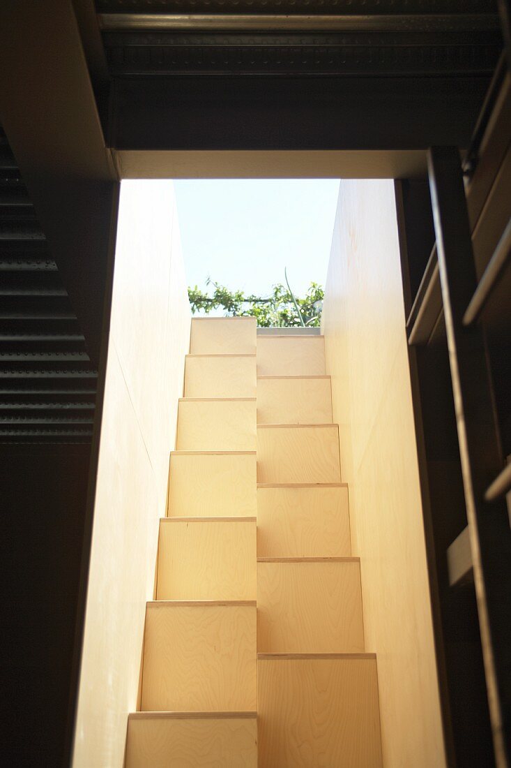 Blick von innen auf schmalen Lichtschacht mit gemauerter Sambatreppe