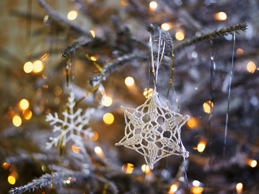 Christmas decorations in a Christmas tree.