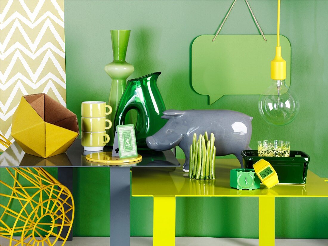 Home accessories in shades of green & yellow