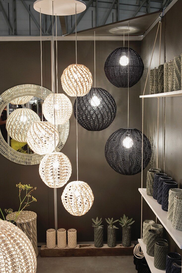 Crocheted lampshades, mirror frame and vases in shades of brown and grey