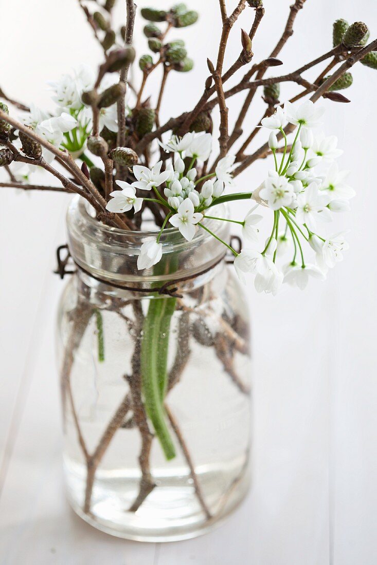 Einmachglas mit Bügelverschluss gefüllt mit Allium und Erlenzweigen