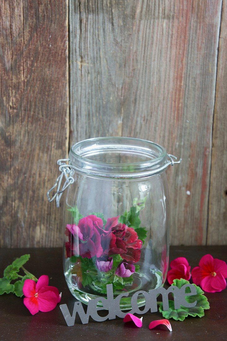 Pelargonienblüten in Einmachglas mit Willkommen-Schriftzug