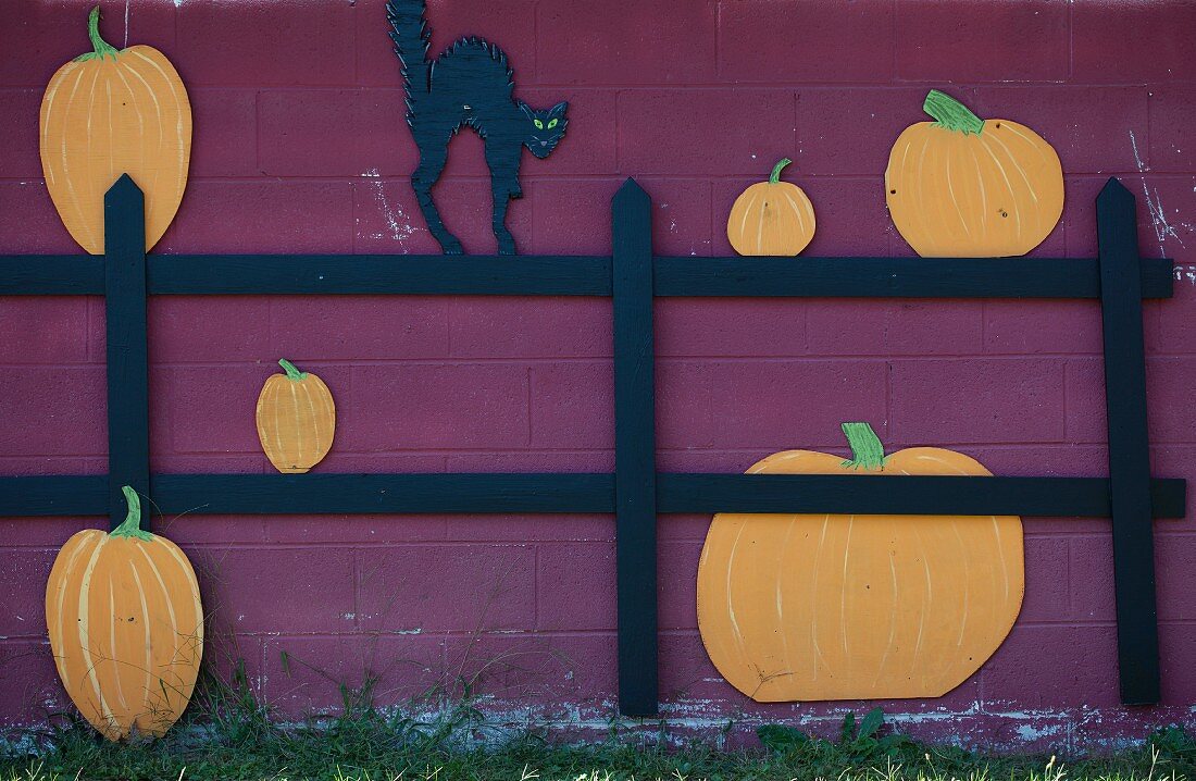 A Halloween Cut Out of a Black Cat on a Fence with Pumpkins